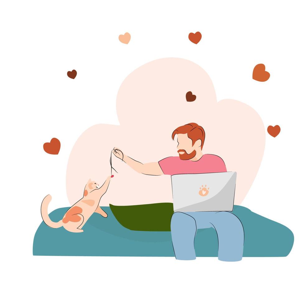 Vector illustration for National Pet Month, cat fidelity day, cat day. Man with laptop  sitting on sofa and playing with cat.