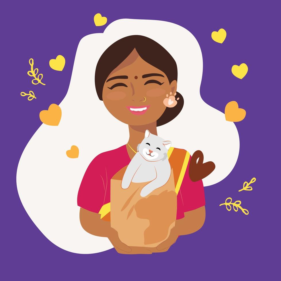 sonriente indio niña con gato en bolsa. vector ilustración para nacional mascota mes, gato fidelidad día, gato día.