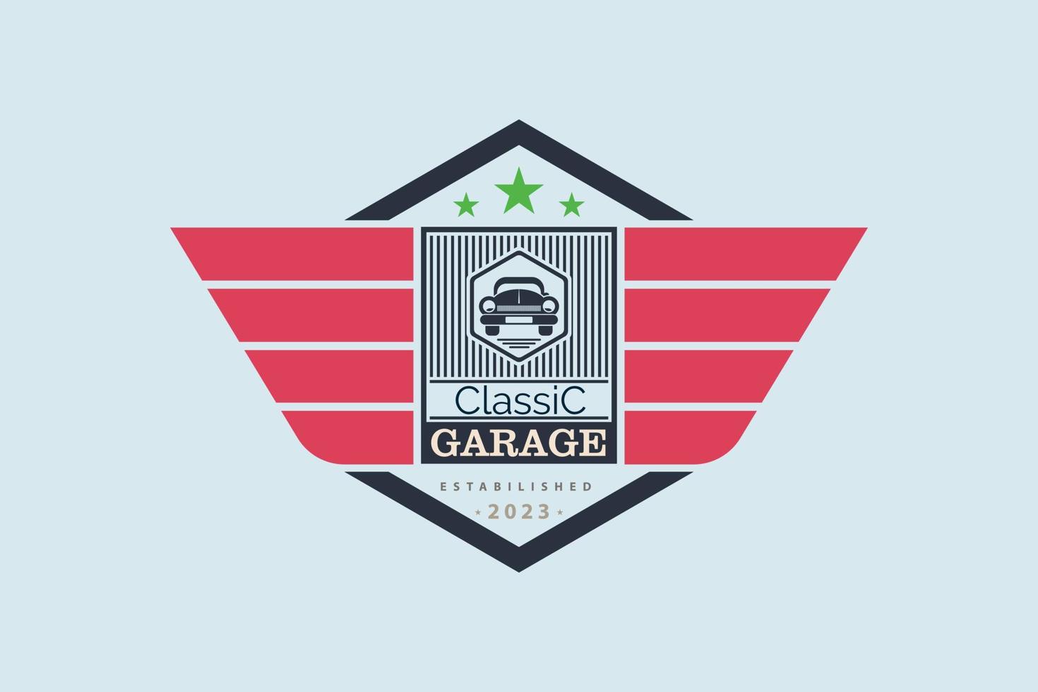 Clásico coche clásico garaje logo modelo diseño para marca o empresa y otro vector