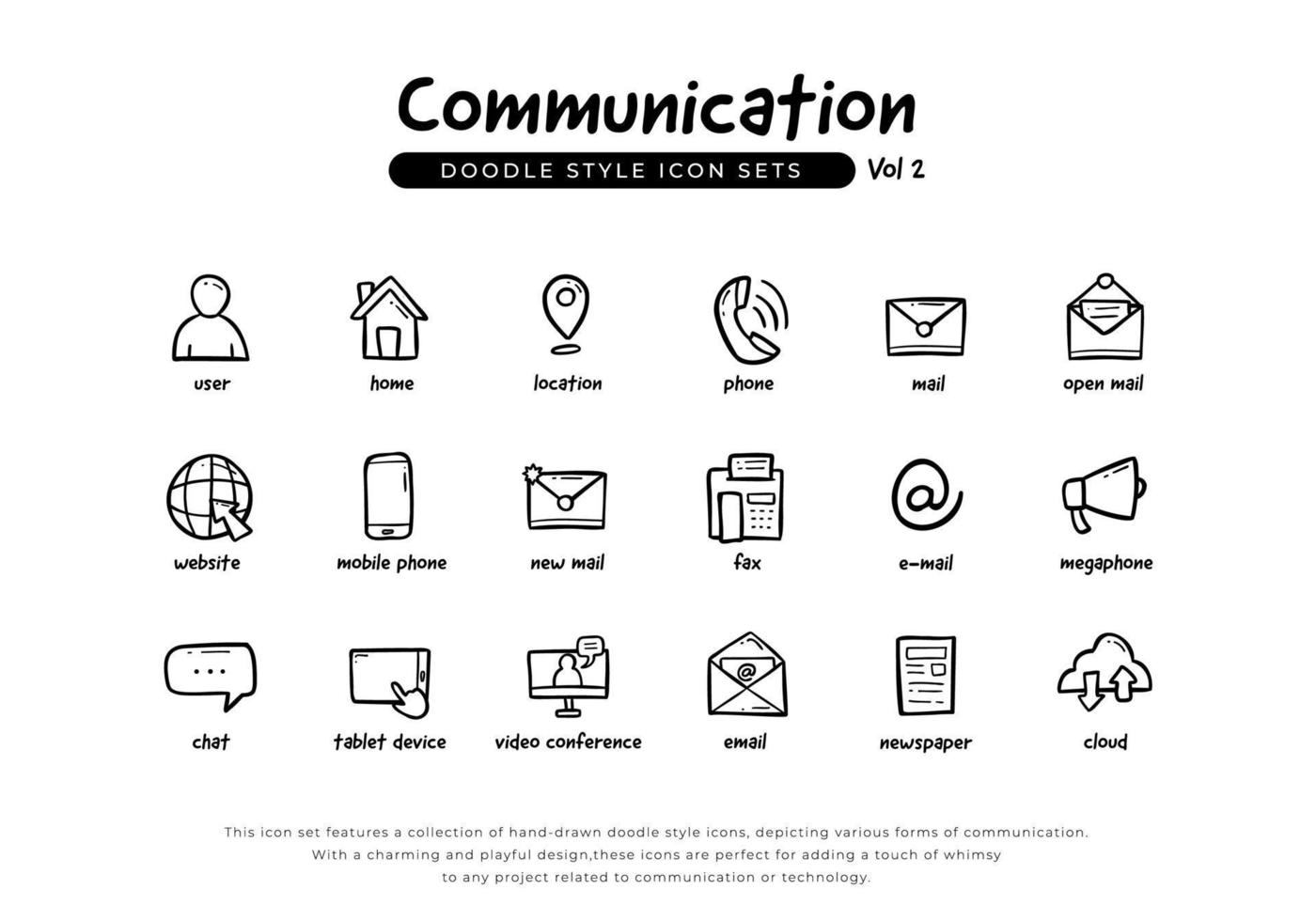 doodle hand drawing communication icon set pack including mobile phone, phone, tablet, newspaper, email, website, cloud, megaphone and more vector