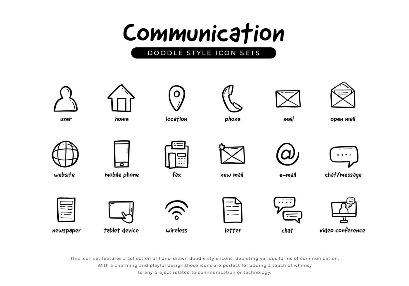 comunicación icono conjunto garabatear estilo incluir con correo electrónico, teléfono, charlar, vídeo conferencia, mensaje, correo, carta, sobre, móvil teléfono, fax y más vector