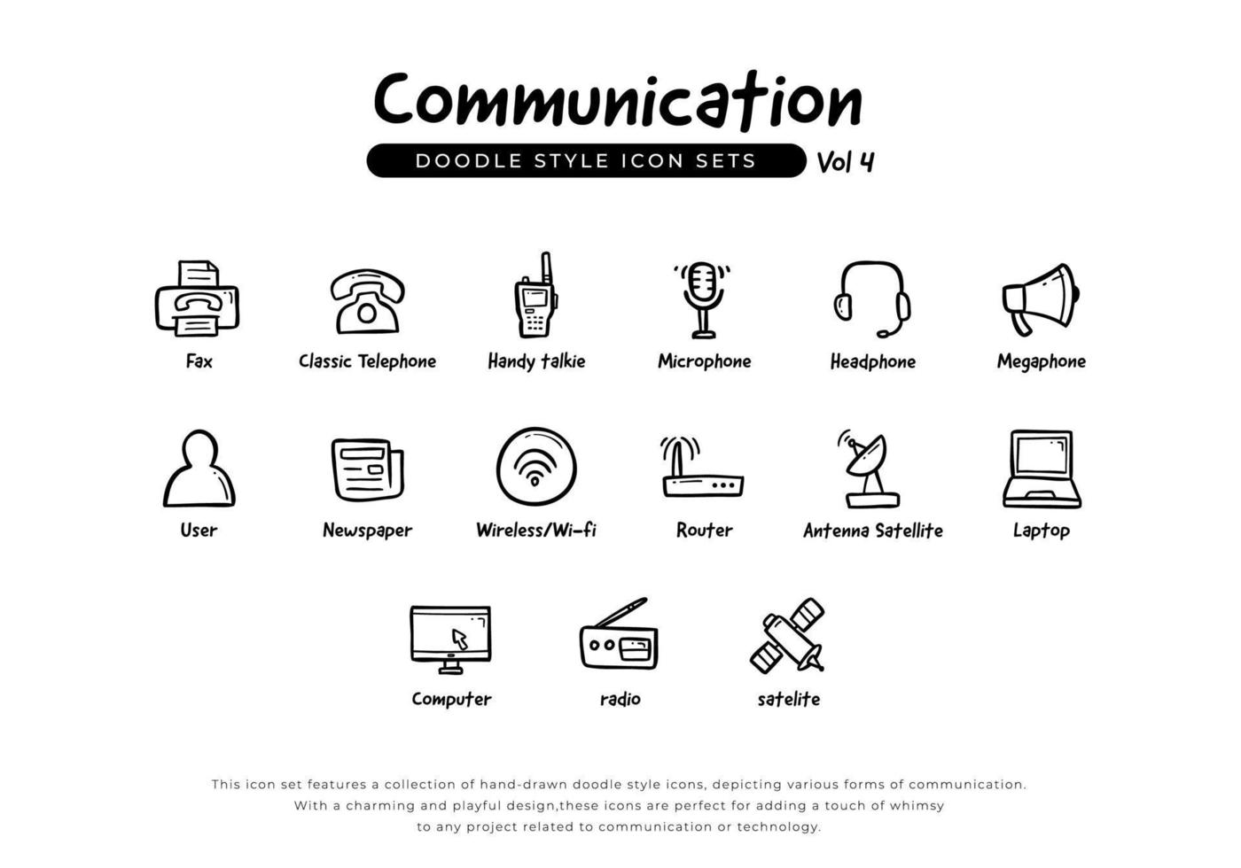 communication and gadget icon set in doodle style drawing include fax, telephone, handy talkie, microphone, headphone, megaphone,  radio, satellite and more vector