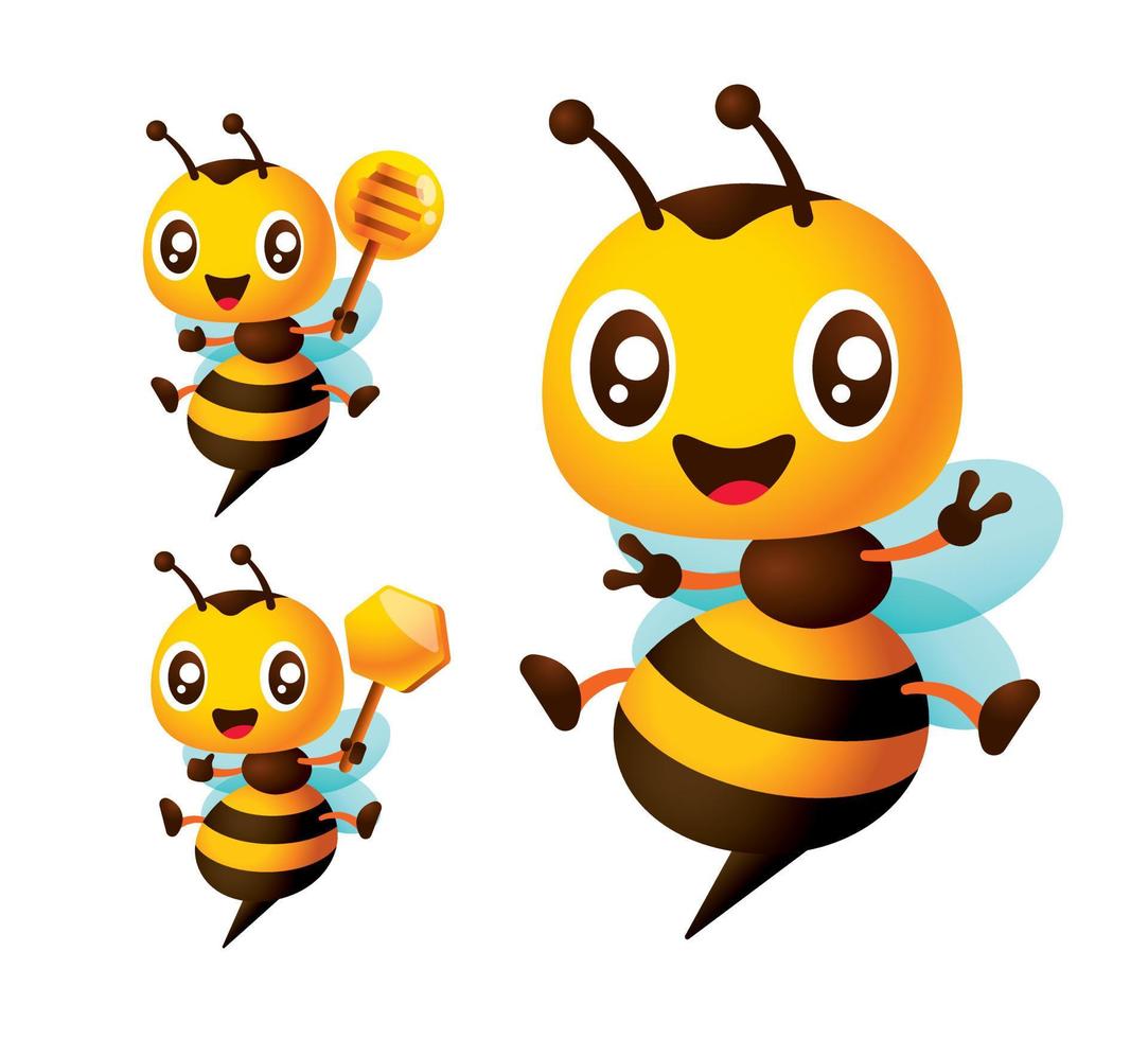 Cartoon cute bee character set. Happy honey bee holding honey dipper and honeycomb sign. Bee mascot vector illustration