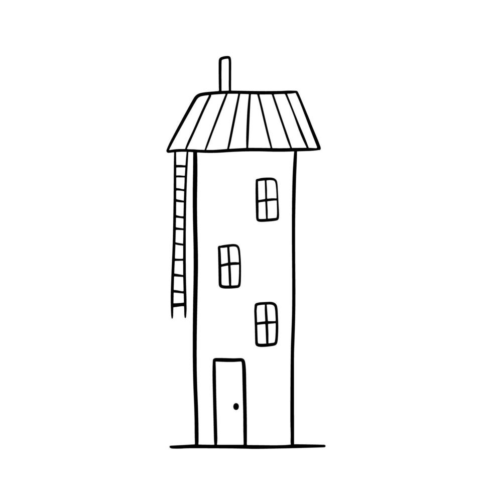 Hand drawn vector house with chimney. Cute rural building isolated on white. Doodle illustration