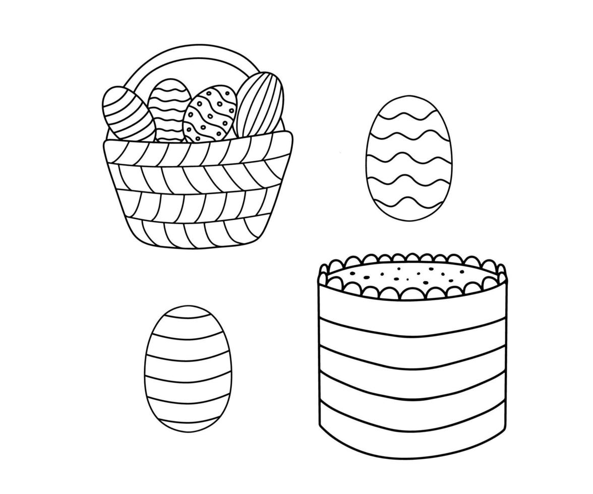 Easter eggs in basket. Line icon, symbol of celebration and holiday. Vector doodle outline illustrations isolated on white