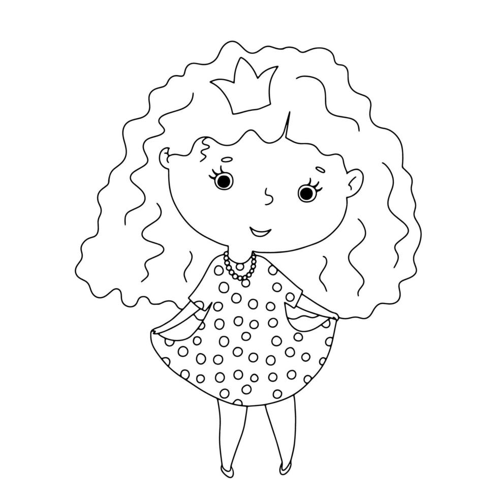 pequeño linda princesa con Rizado cabello. mano dibujado contorno ilustración aislado en blanco antecedentes para colorante libro vector