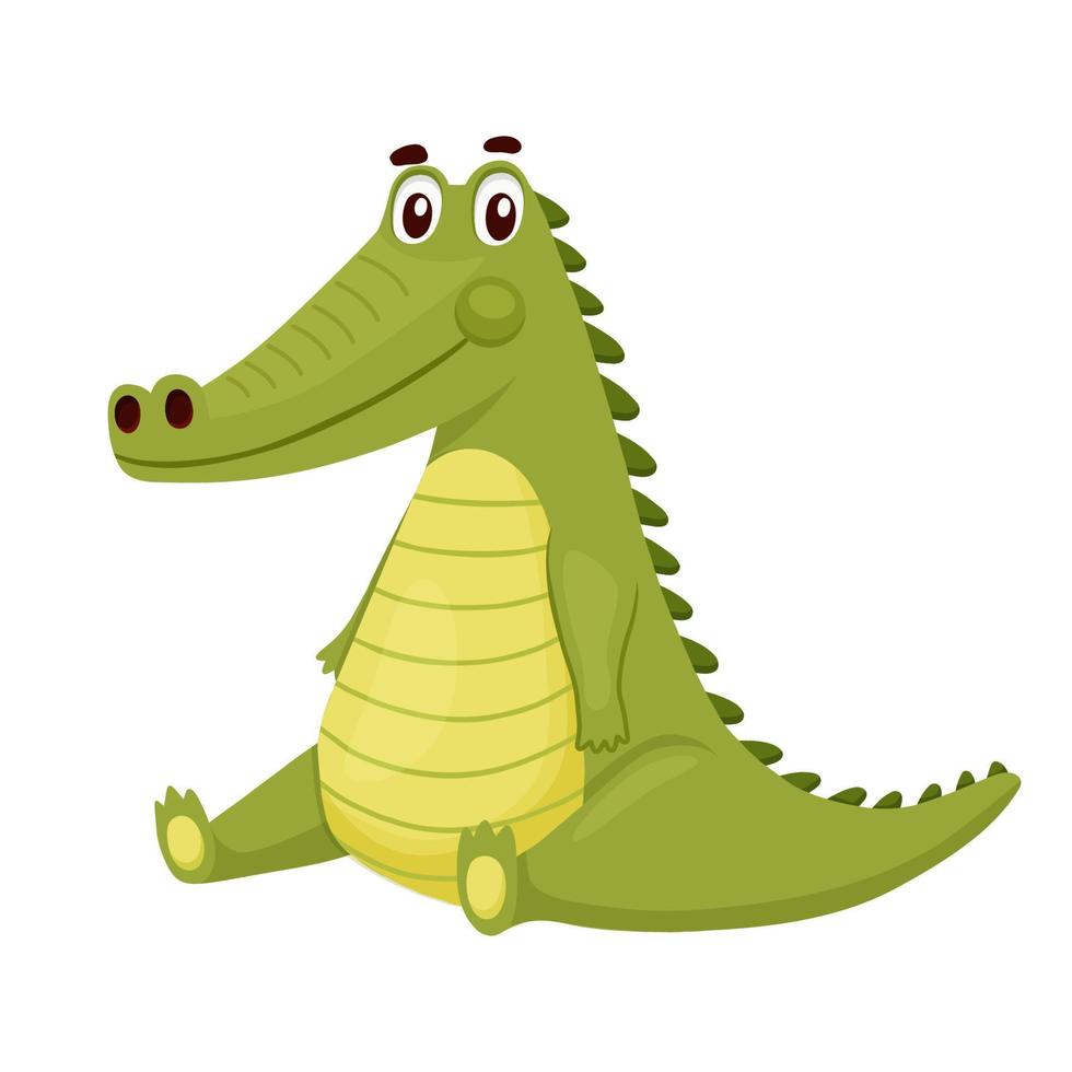 Cute Crocodile sitting. Funny Alligator isolated on white. Cartoon Vector Illustration Green Animal Character