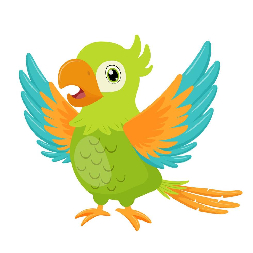 Green parrot bird standing and wave wing. Flat cartoon character isolated on white. vector