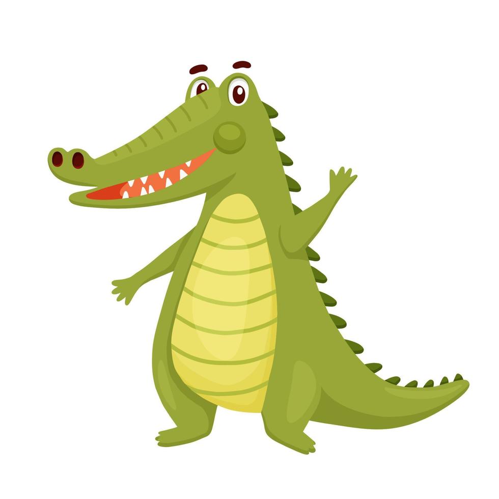 Cute Crocodile Waving his Paw. Funny Alligator isolated on white. Cartoon Vector Illustration Green Animal Character