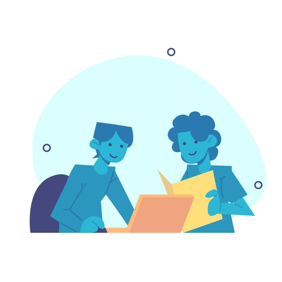 2 business people discussing in front of laptop and reading documents. vector