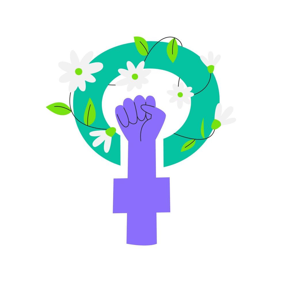 Venus hembra género símbolo icono y utilizando a denotar mujer aislado en blanco. De las mujeres púrpura puño con manzanilla flores alrededor verde anillo. mano dibujado plano vector ilustración aislado en blanco