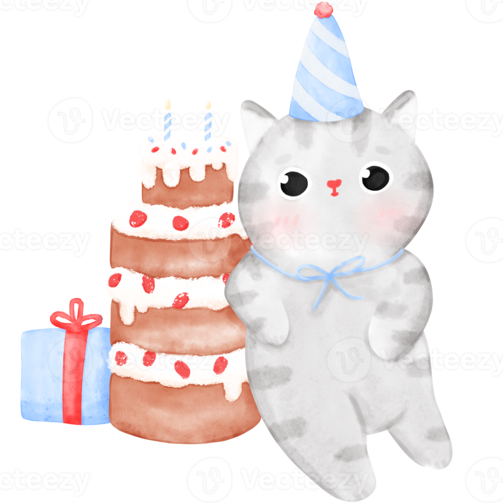 Lycklig födelsedag katt, rolig katt, katt illustration, vattenfärg png