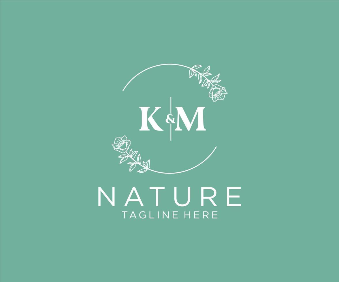 inicial km letras botánico femenino logo modelo floral, editable prefabricado monoline logo adecuado, lujo femenino Boda marca, corporativo. vector