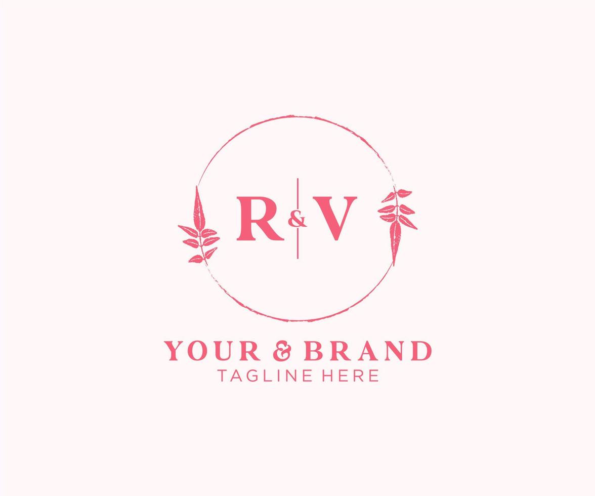 initial RV letters floral frames. Botanical feminine editable premade monoline unique decoration for greeting card, wedding invitation. vector