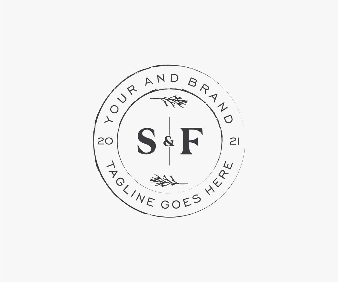 initial SF letters floral frames. Botanical feminine editable premade monoline unique decoration for greeting card, wedding invitation. vector