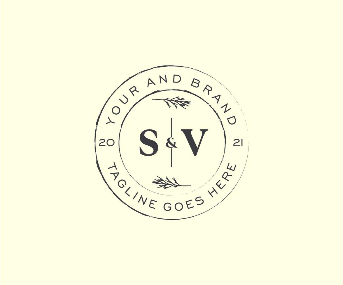 initial SV letters floral frames. Botanical feminine editable premade monoline unique decoration for greeting card, wedding invitation. vector