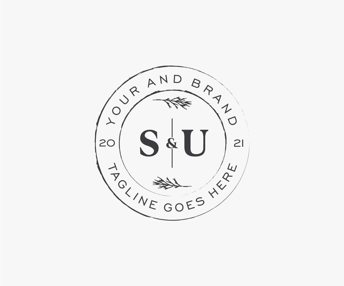 initial SU letters floral frames. Botanical feminine editable premade monoline unique decoration for greeting card, wedding invitation. vector
