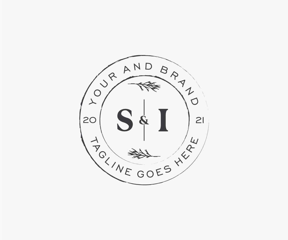 initial SI letters floral frames. Botanical feminine editable premade monoline unique decoration for greeting card, wedding invitation. vector