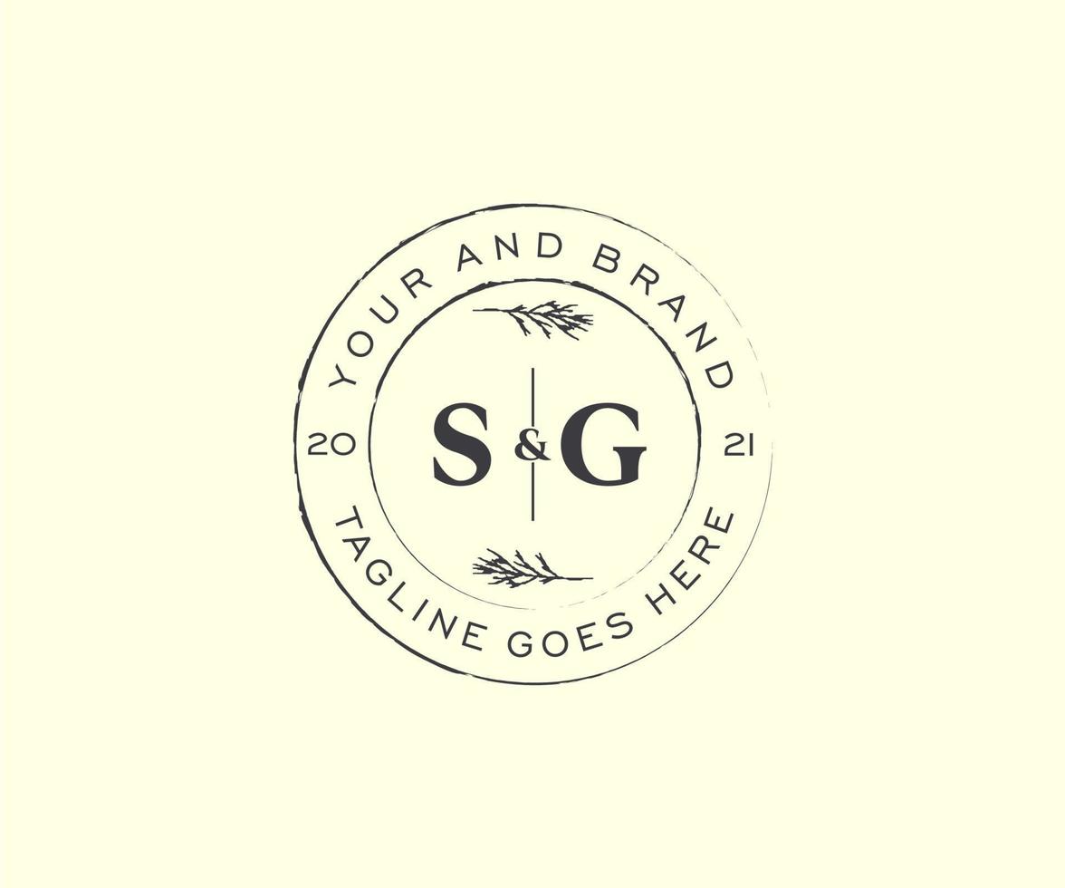 initial SG letters floral frames. Botanical feminine editable premade monoline unique decoration for greeting card, wedding invitation. vector