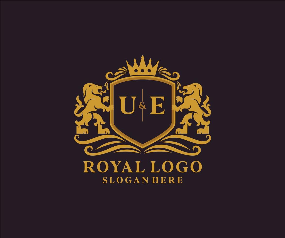 Initial UE Letter Lion Royal Luxury Logo template in vector art for Restaurant, Royalty, Boutique, Cafe, Hotel, Heraldic, Jewelry, Fashion and other vector illustration.