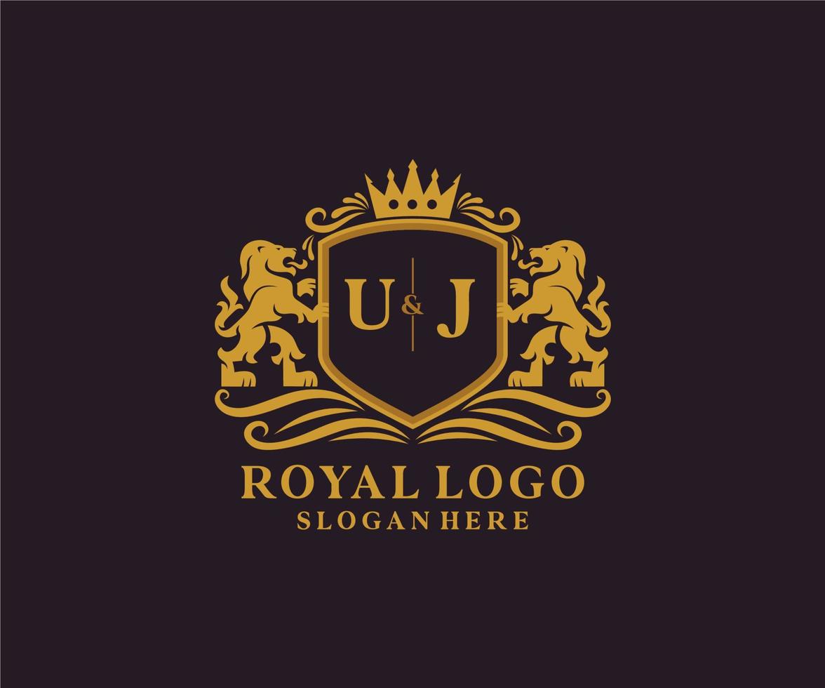 plantilla de logotipo de lujo real de león de letra uj inicial en arte vectorial para restaurante, realeza, boutique, cafetería, hotel, heráldica, joyería, moda y otras ilustraciones vectoriales. vector