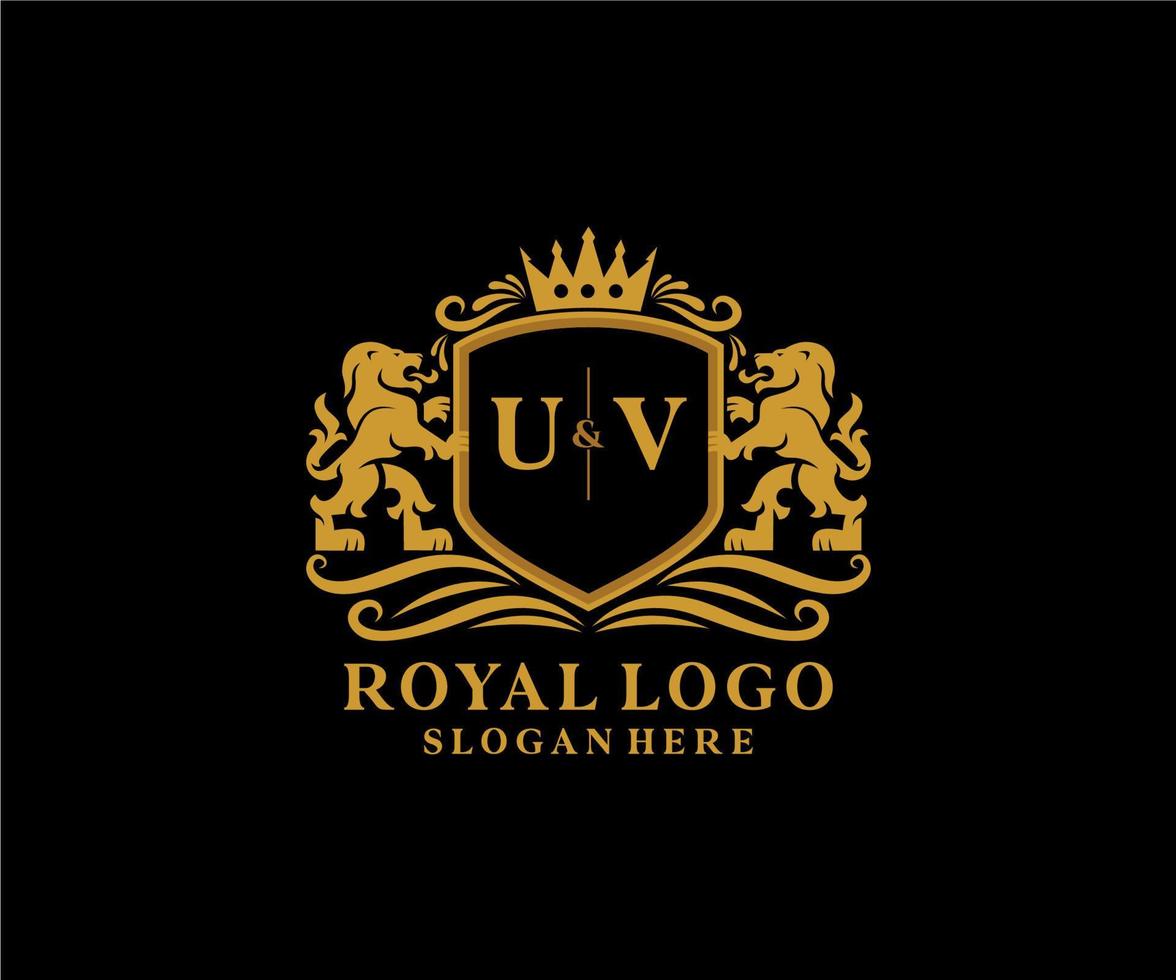 plantilla de logotipo de lujo real de león de letra uv inicial en arte vectorial para restaurante, realeza, boutique, cafetería, hotel, heráldica, joyería, moda y otras ilustraciones vectoriales. vector