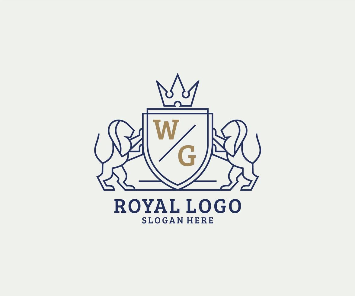 Initial WG Letter Lion Royal Luxury Logo template in vector art for Restaurant, Royalty, Boutique, Cafe, Hotel, Heraldic, Jewelry, Fashion and other vector illustration.