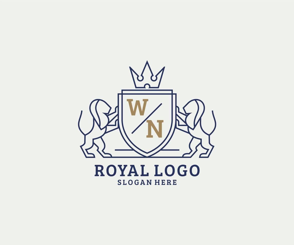 Initial WN Letter Lion Royal Luxury Logo template in vector art for Restaurant, Royalty, Boutique, Cafe, Hotel, Heraldic, Jewelry, Fashion and other vector illustration.