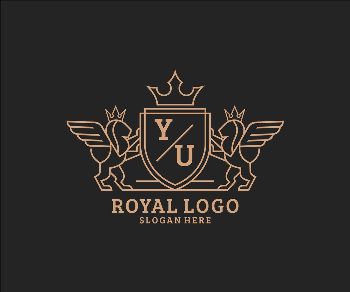 Initial YU Letter Lion Royal Luxury Heraldic,Crest Logo template in vector art for Restaurant, Royalty, Boutique, Cafe, Hotel, Heraldic, Jewelry, Fashion and other vector illustration.
