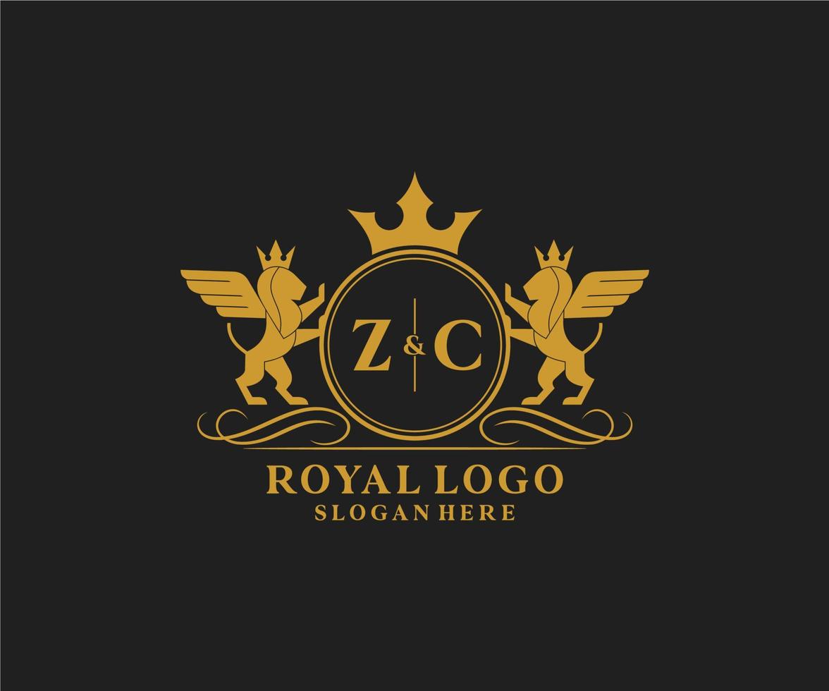 Initial ZC Letter Lion Royal Luxury Heraldic,Crest Logo template in vector art for Restaurant, Royalty, Boutique, Cafe, Hotel, Heraldic, Jewelry, Fashion and other vector illustration.