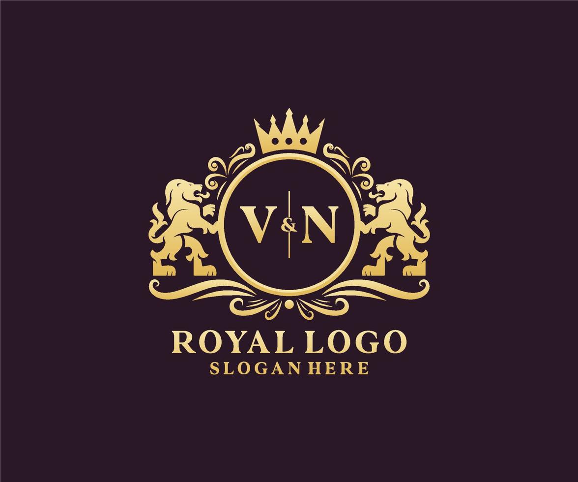 Initial VN Letter Lion Royal Luxury Logo template in vector art for Restaurant, Royalty, Boutique, Cafe, Hotel, Heraldic, Jewelry, Fashion and other vector illustration.