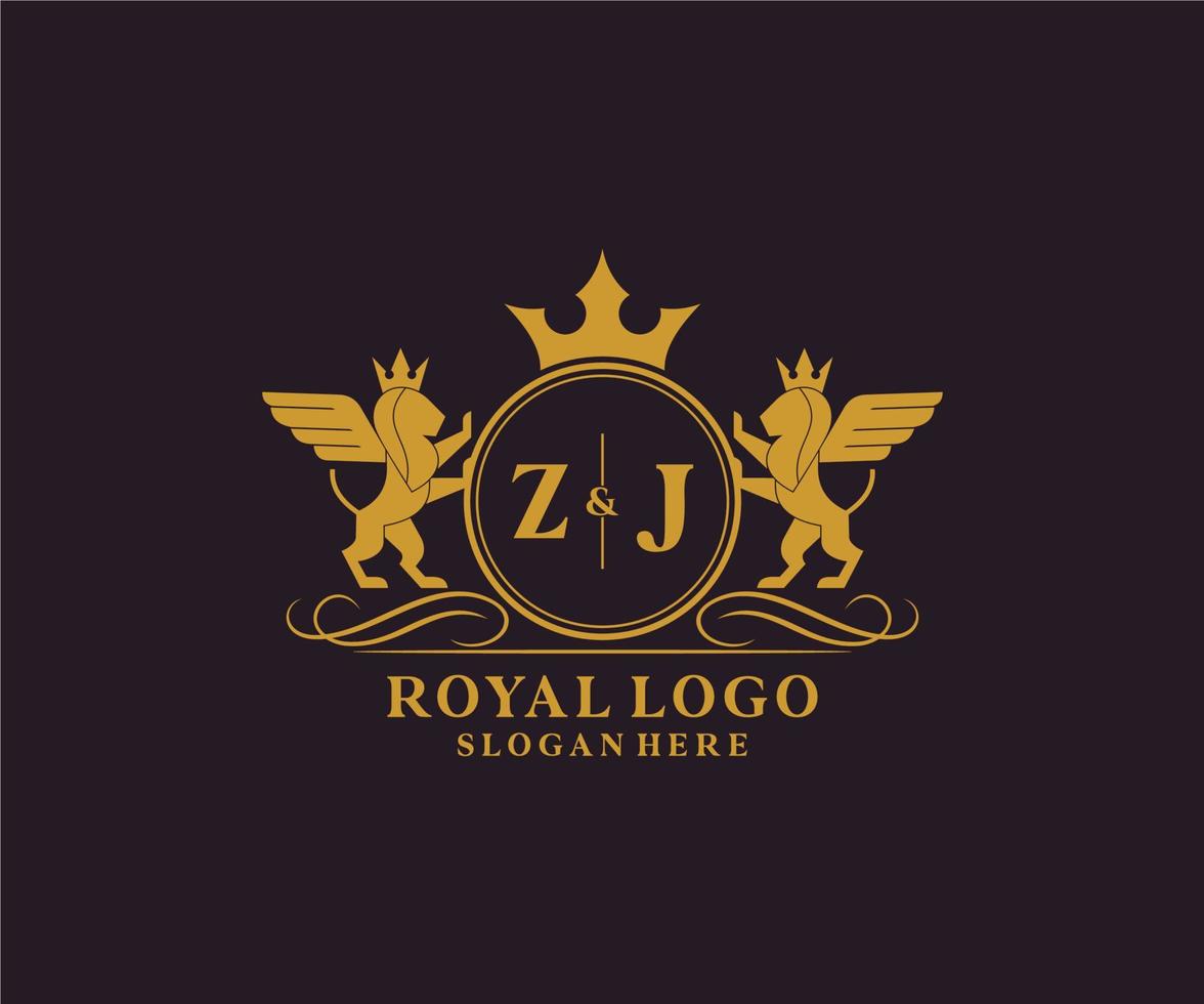 Initial ZJ Letter Lion Royal Luxury Heraldic,Crest Logo template in vector art for Restaurant, Royalty, Boutique, Cafe, Hotel, Heraldic, Jewelry, Fashion and other vector illustration.