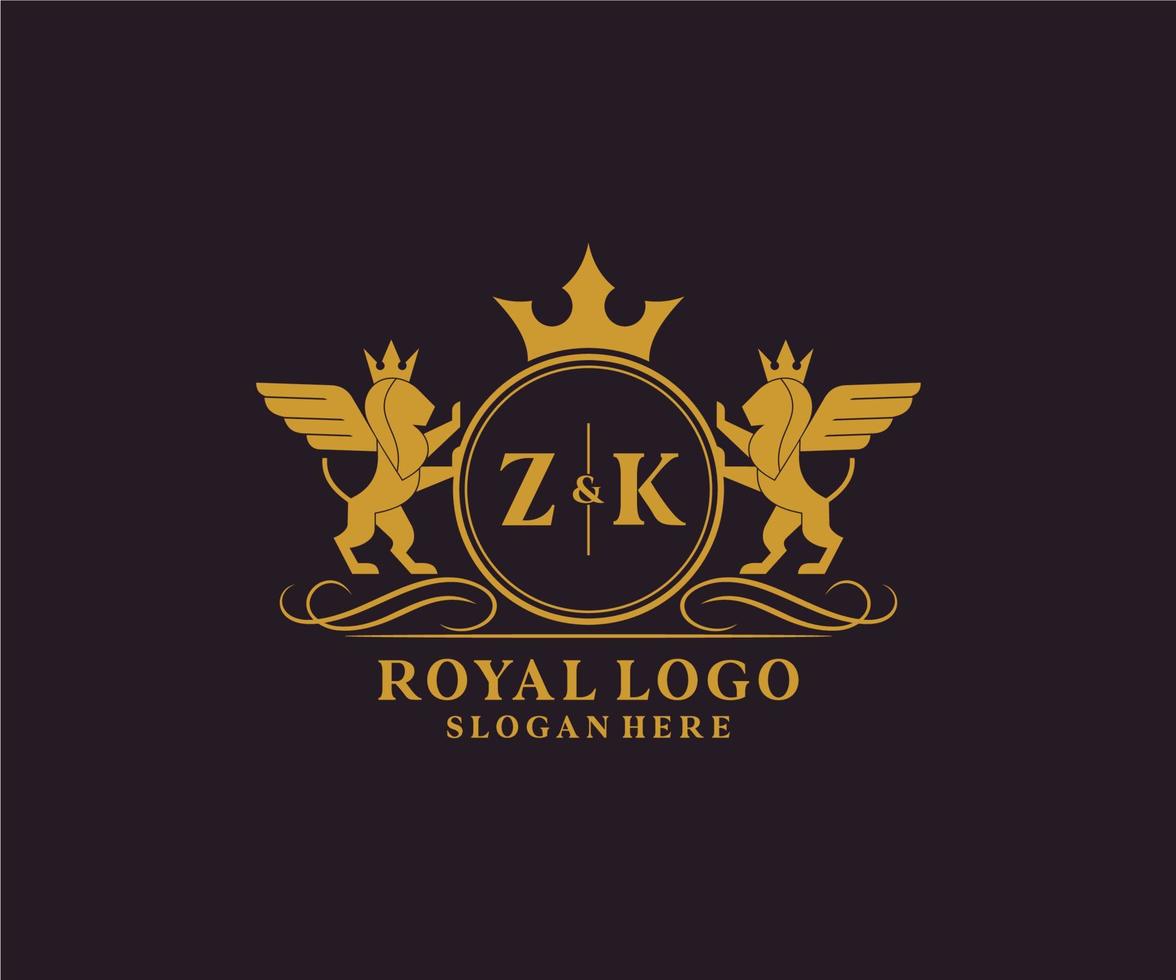 Initial ZK Letter Lion Royal Luxury Heraldic,Crest Logo template in vector art for Restaurant, Royalty, Boutique, Cafe, Hotel, Heraldic, Jewelry, Fashion and other vector illustration.