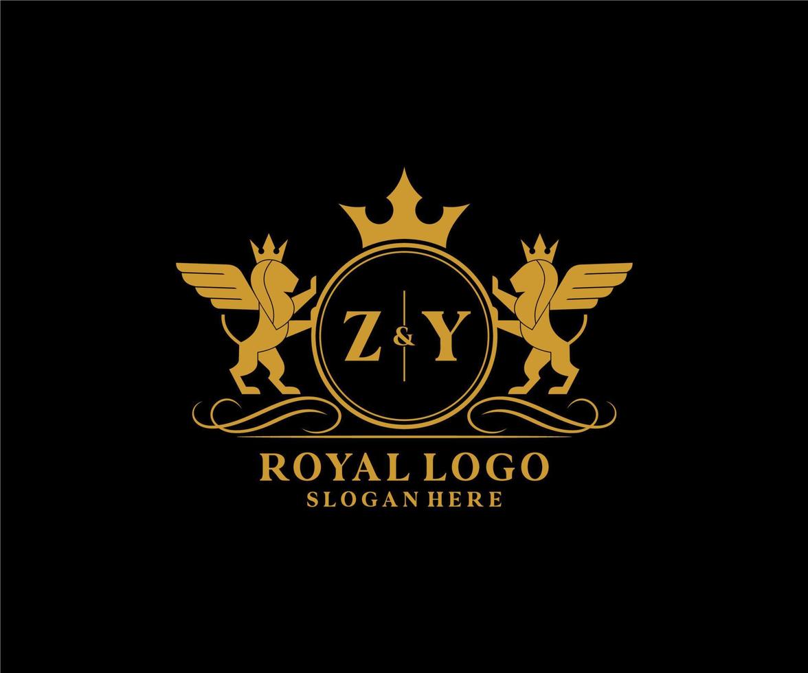 Initial ZY Letter Lion Royal Luxury Heraldic,Crest Logo template in vector art for Restaurant, Royalty, Boutique, Cafe, Hotel, Heraldic, Jewelry, Fashion and other vector illustration.