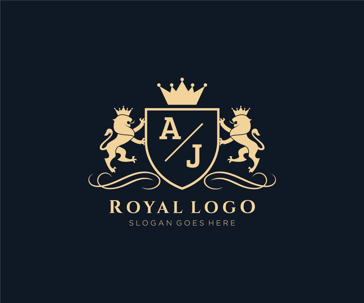 Initial AJ Letter Lion Royal Luxury Heraldic,Crest Logo template in vector art for Restaurant, Royalty, Boutique, Cafe, Hotel, Heraldic, Jewelry, Fashion and other vector illustration.