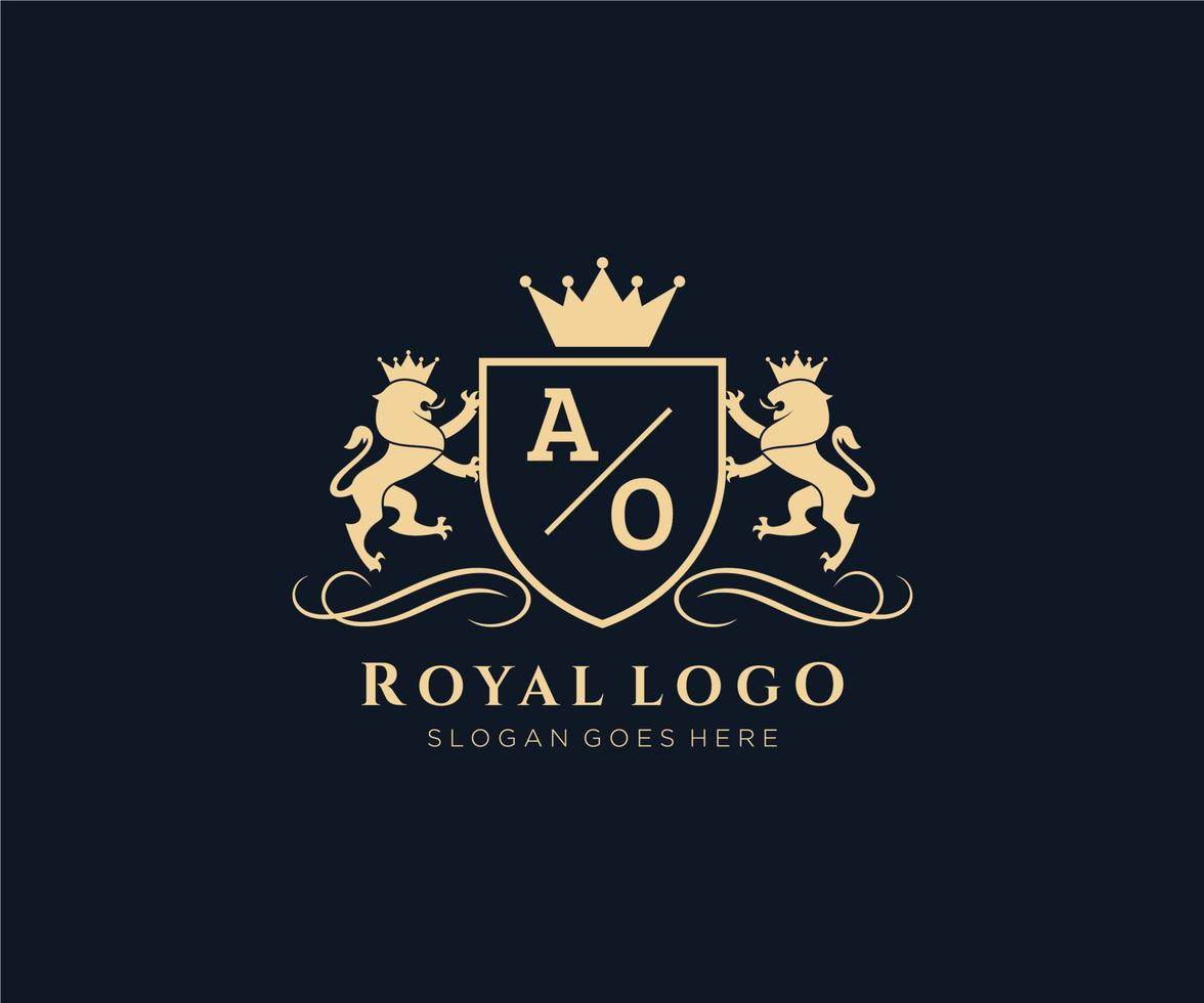 Initial AO Letter Lion Royal Luxury Heraldic,Crest Logo template in vector art for Restaurant, Royalty, Boutique, Cafe, Hotel, Heraldic, Jewelry, Fashion and other vector illustration.