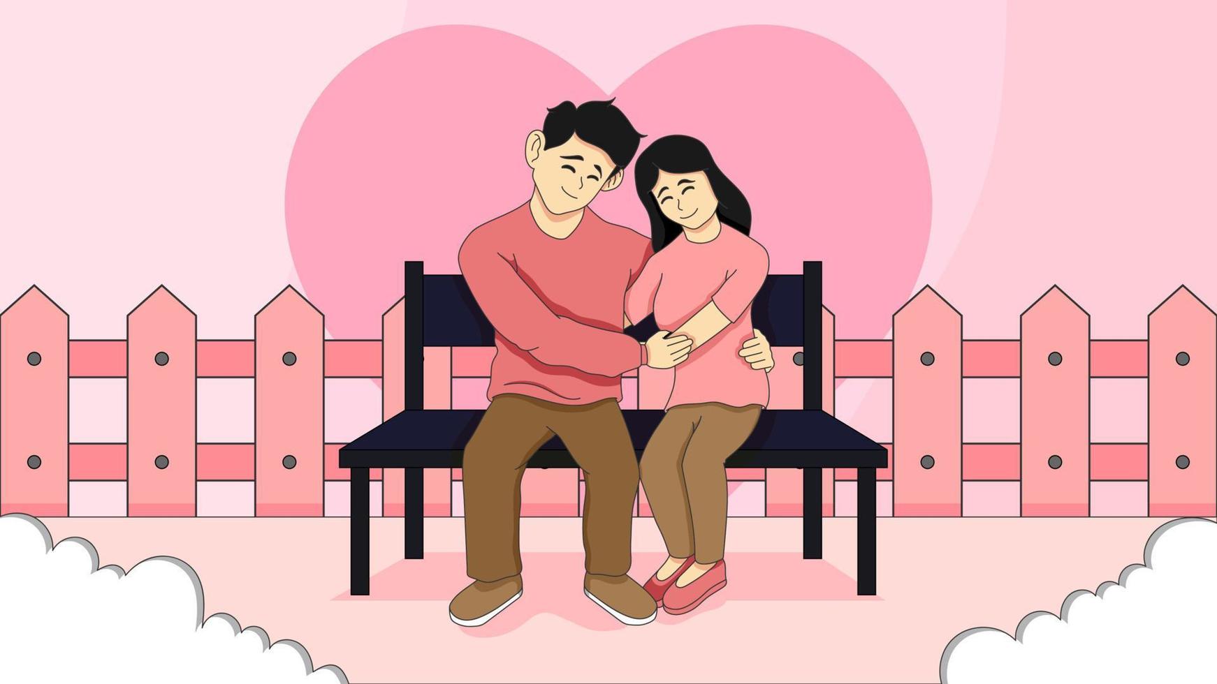 Hand drawn young couple vector illustration sit on the bench