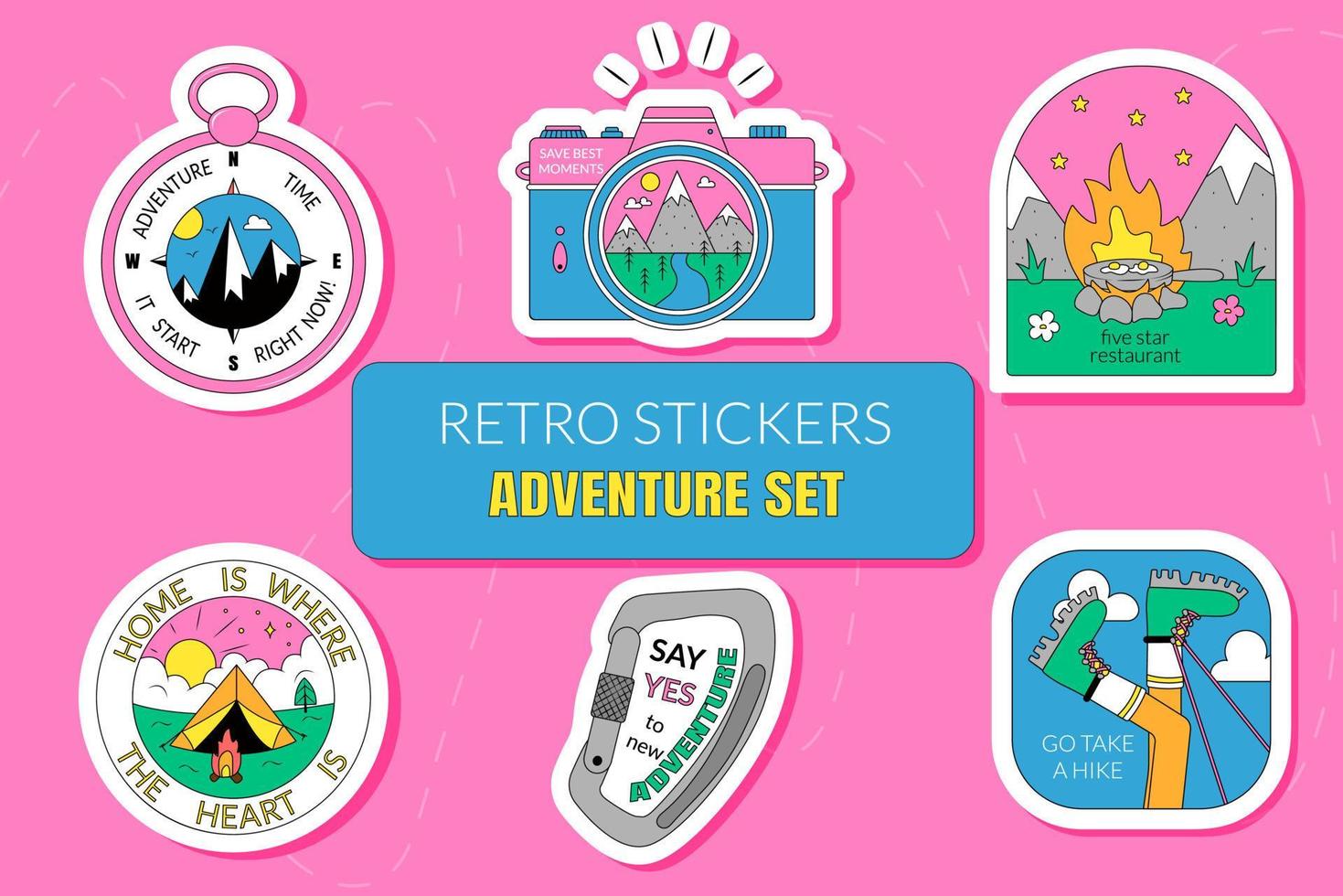 conjunto de pegatinas en el tema de viaje aventuras excursionismo trekking en retro estilo vector