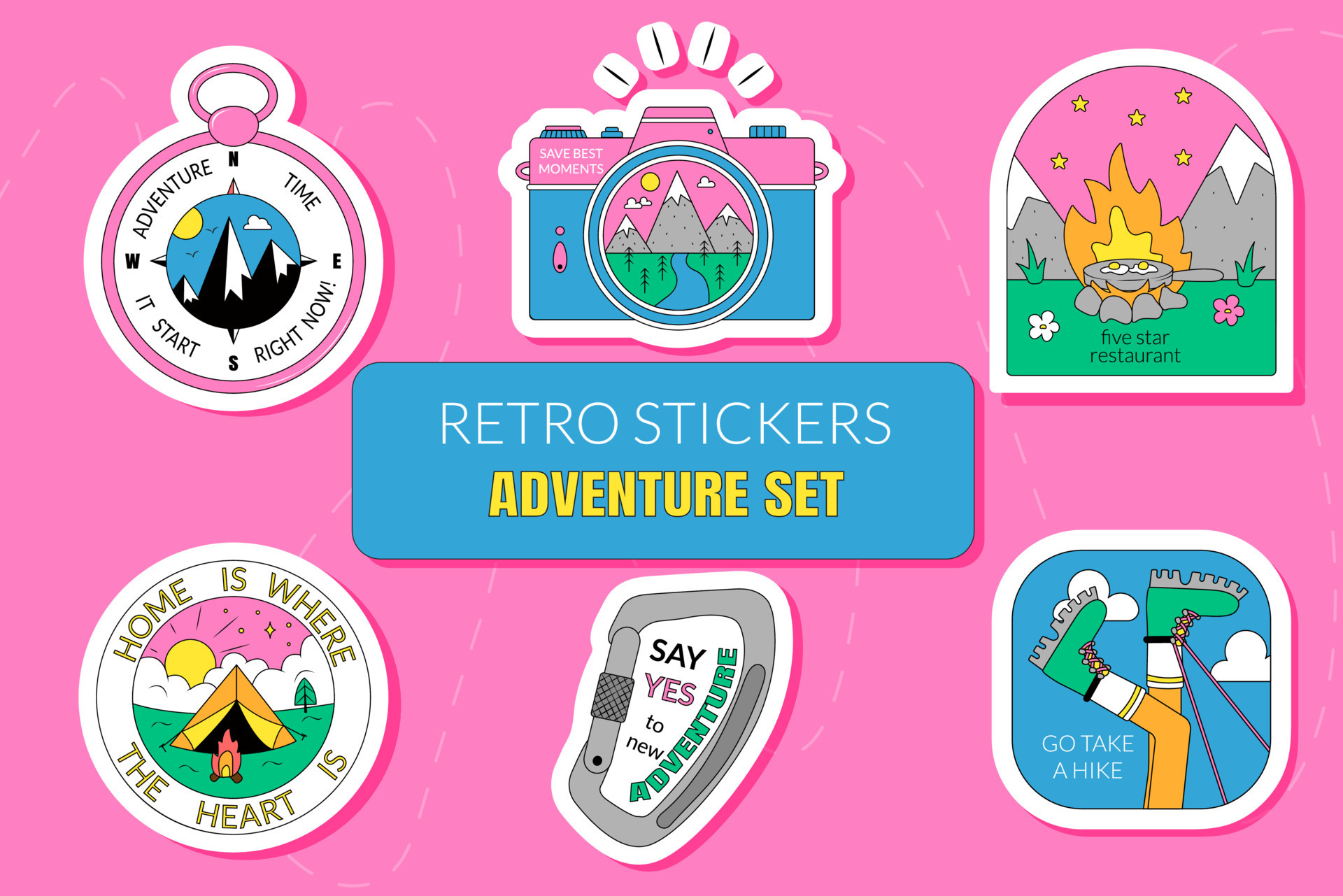 Set of Stickers on the Theme of Travel Adventure Hiking Trekking in
