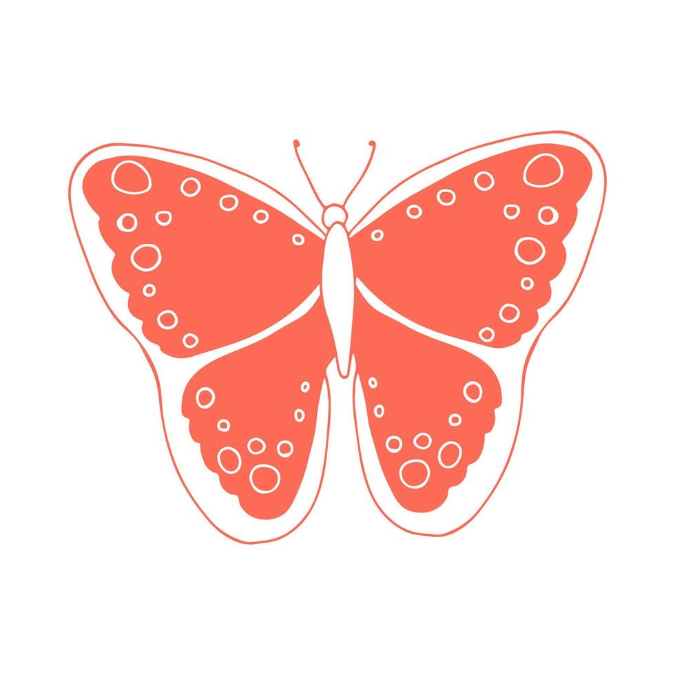Single beautiful red butterfly. Flat or cartoon style. Monochrome color vector illustration. Hand drawn.