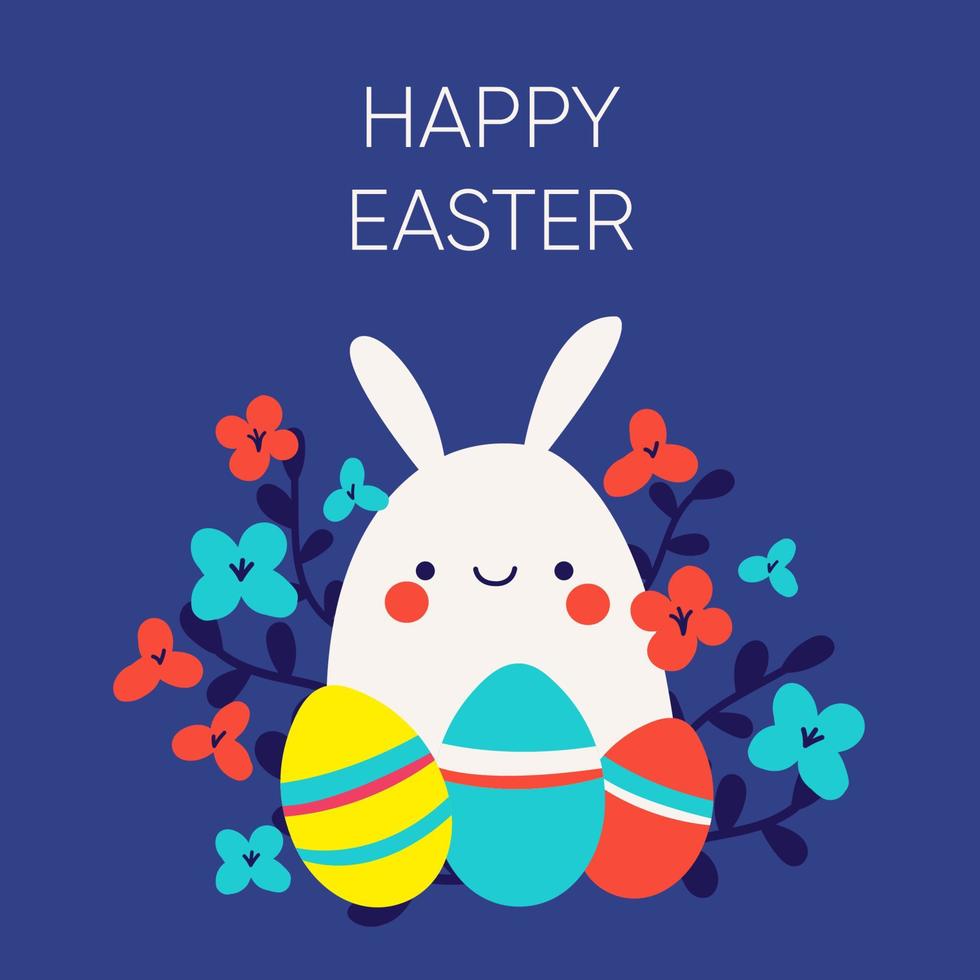 Happy Easter greetings card with cute Easter bunny and Easter eggs. Vector illustration for poster or social banner.