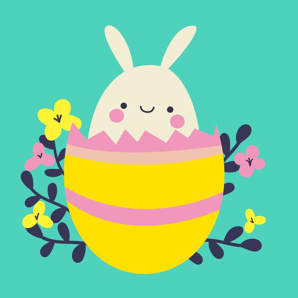 Easter bunny in the Easter egg cute illustration. Vector illustration for a greeting card, poster or social banner.