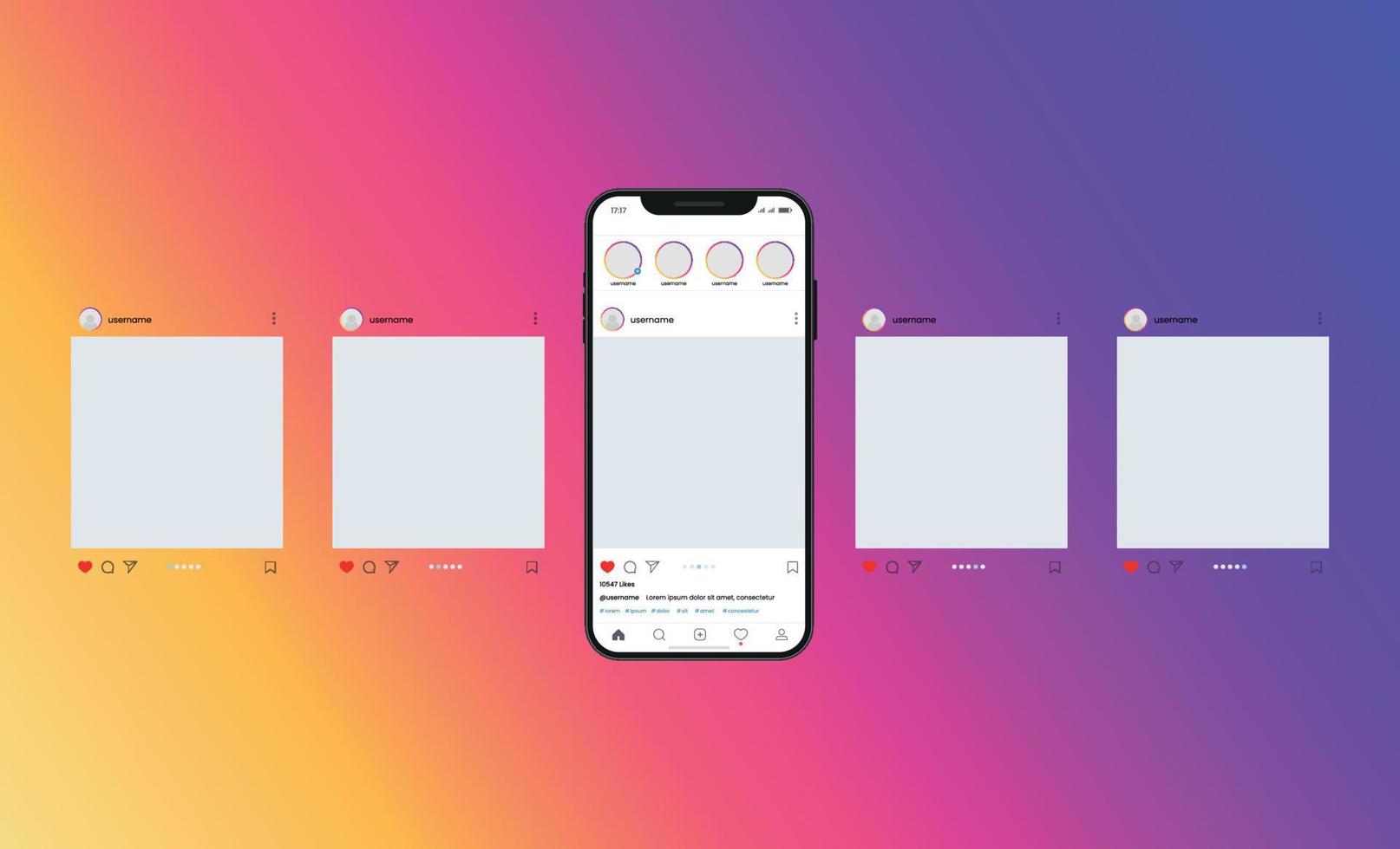 Instagram carousel or slide pages interface vector mockup with five pages