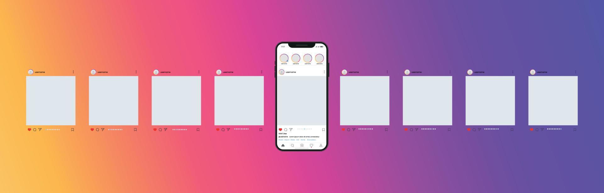 Instagram carousel or slide pages interface vector mockup with nine pages