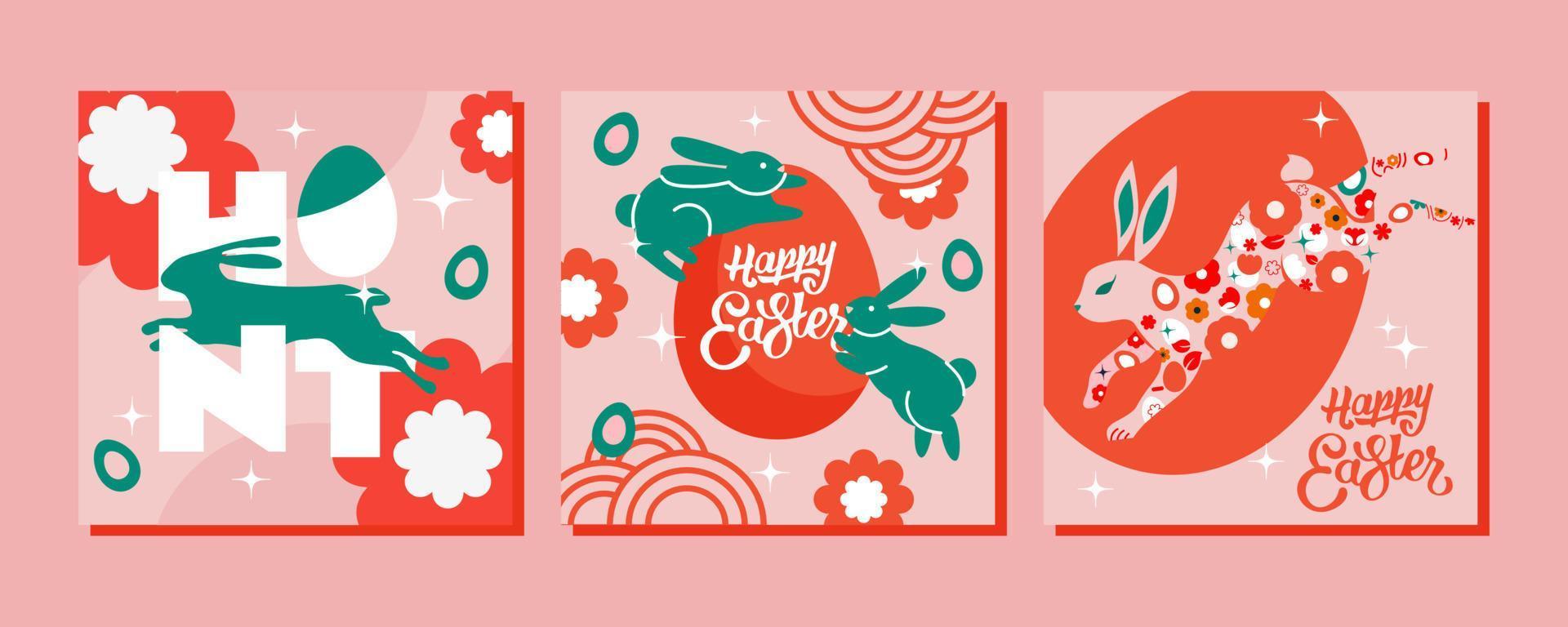 3 ilustraciones para un contento Pascua de Resurrección día en cálido, primavera colores. moderno diseño, minimalista estilo. esta diseño será perfectamente complemento tu proyecto y hacer eso más festivo. vector