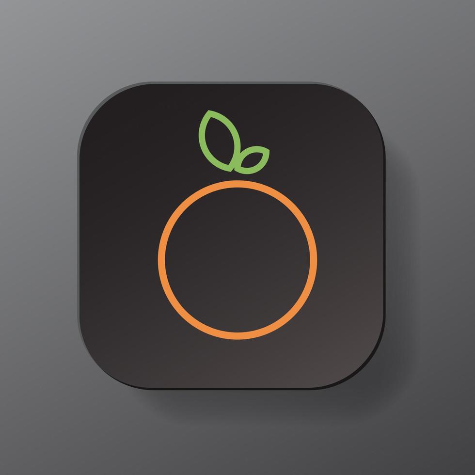 Black square button with orange fruit outline icon, orange with green leaf on the black plate. Flat symbol sign vector illustration isolated on gray background. Healthy nutrition concept