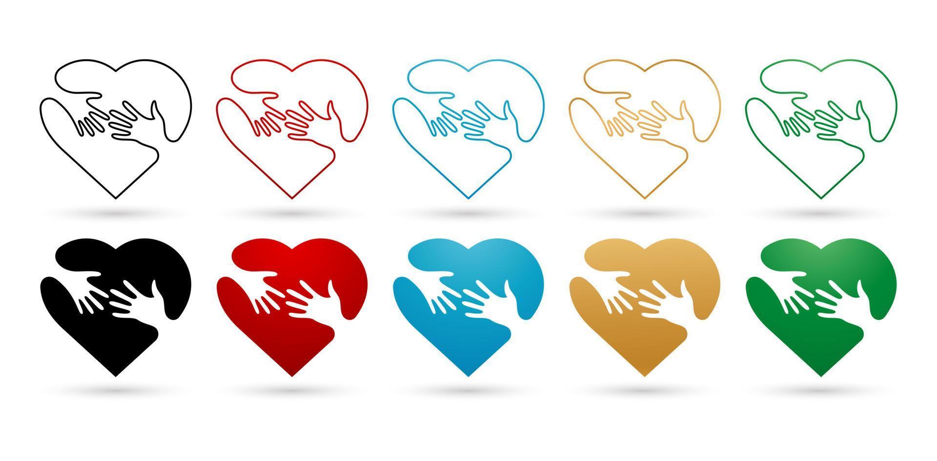 vector illustration colorful set of Hands and heart icons isolated on white background for Presentations, decks, User interface experience, wireframes, Branding, identity, Wedding and event stationery