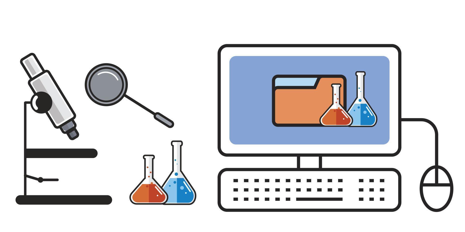 vector laboratory science lab illustration. vector modern science laboratory equipment, microscope, chemical tube, computer and table isolated