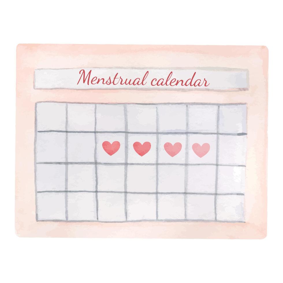 Menstrual calendar for menstruation control and pregnancy planning. Period schedule with marked days for woman and girl. Women cycle and PMS tracker. Watercolor illustration isolated on white vector