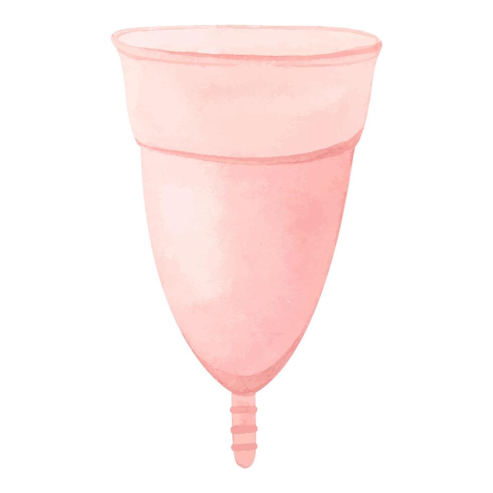 Silicone menstrual cup pink color. Watercolor illustration. Zero waste care. Women stuff for period, menstruation female hygiene product vector